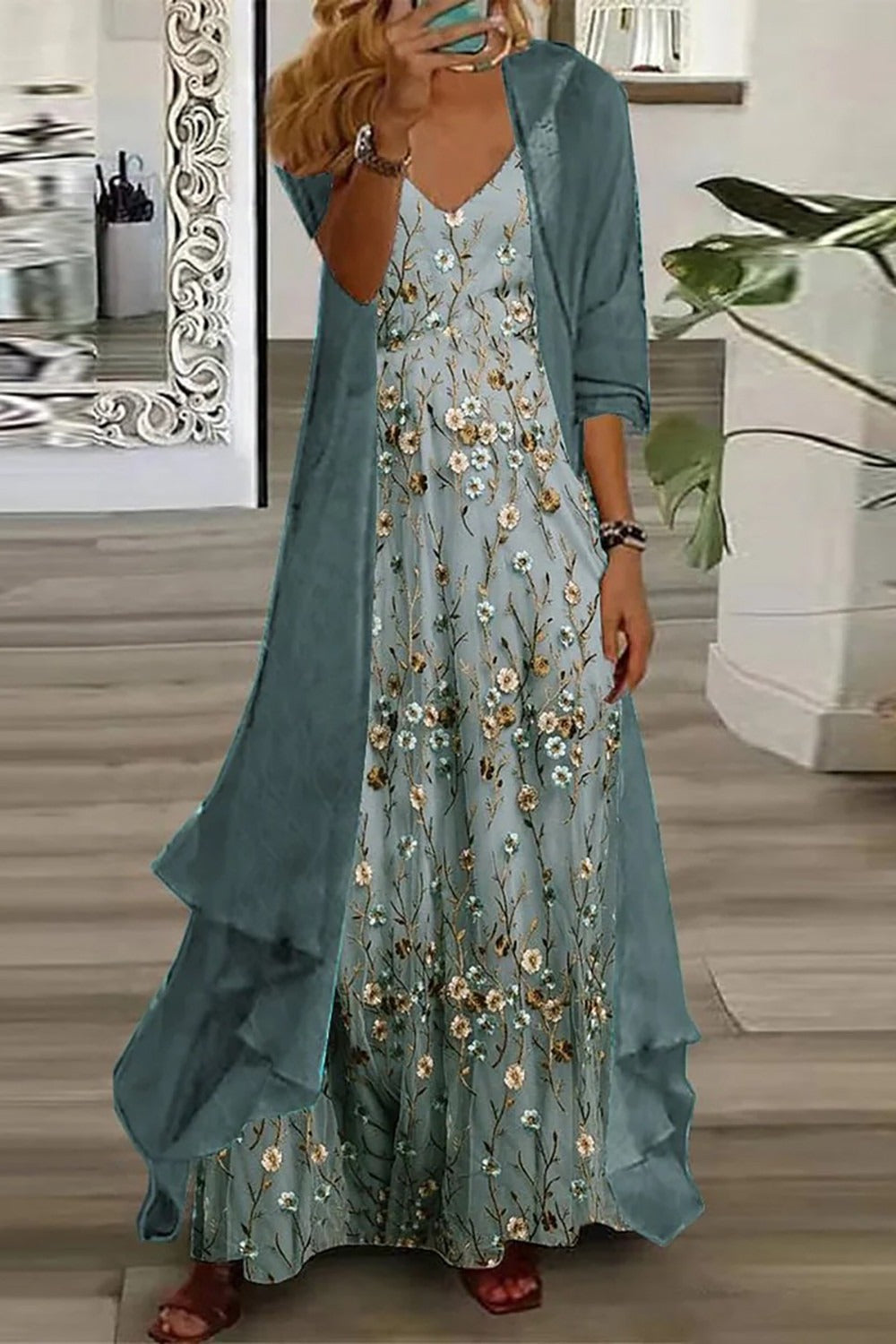 Lucinda | Women's Floral V-Neck Maxi Dress Set with Cardigan - Teal - Image 1