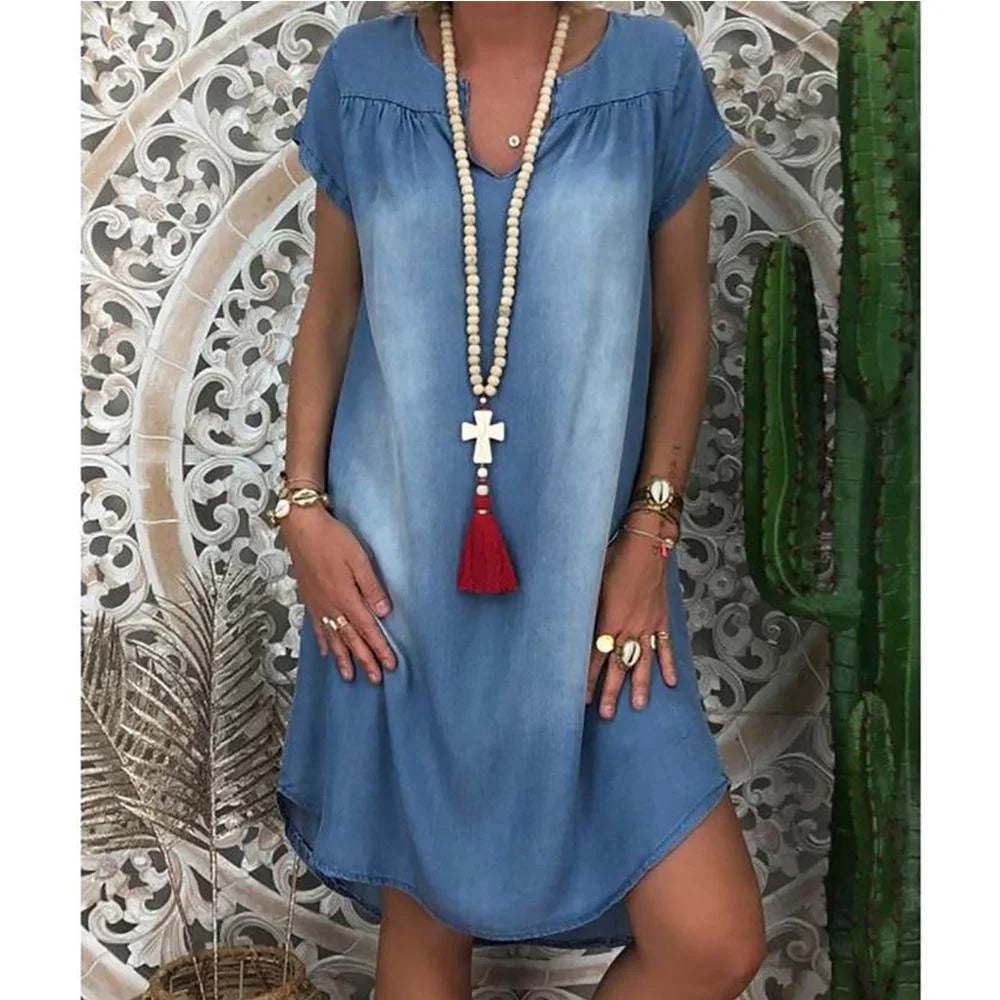 Lucinda | Women's V-Neck Short Sleeve Casual Dress - Blue - Image 1