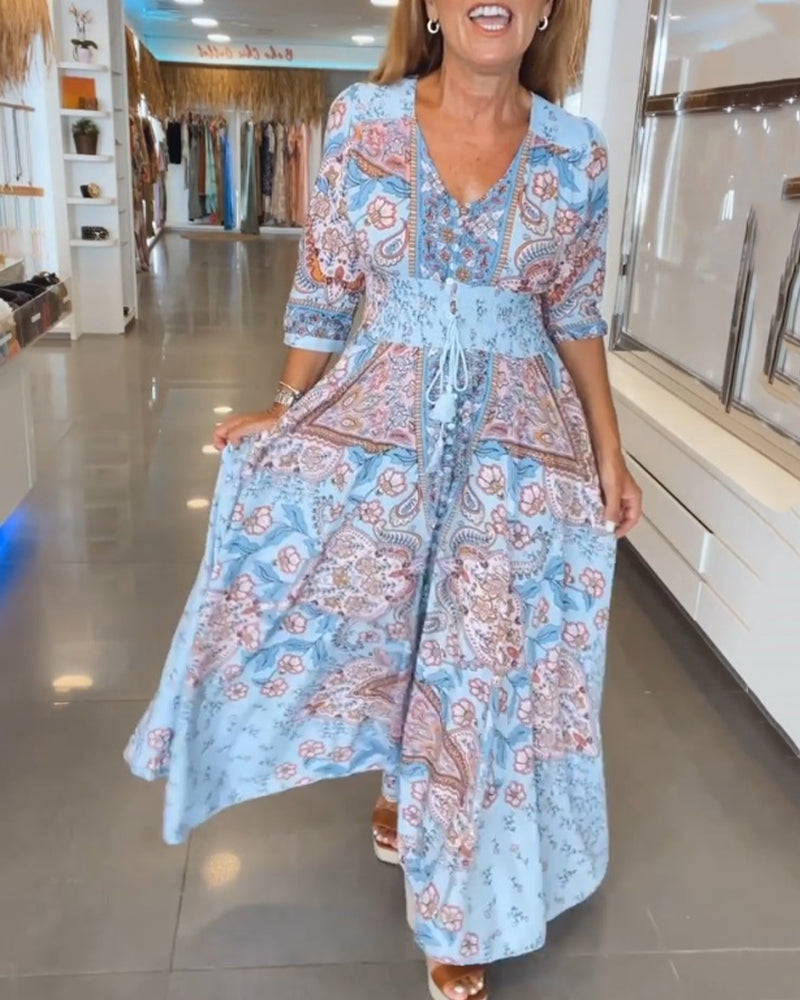 Lysandra | Women's Paisley Print V-Neck 3/4 Sleeve Maxi Dress - Image 1