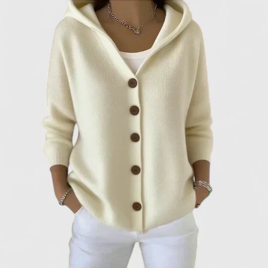 Maevra | Women's Hooded Cardigan Button-Down Knit - Cream - Image 1