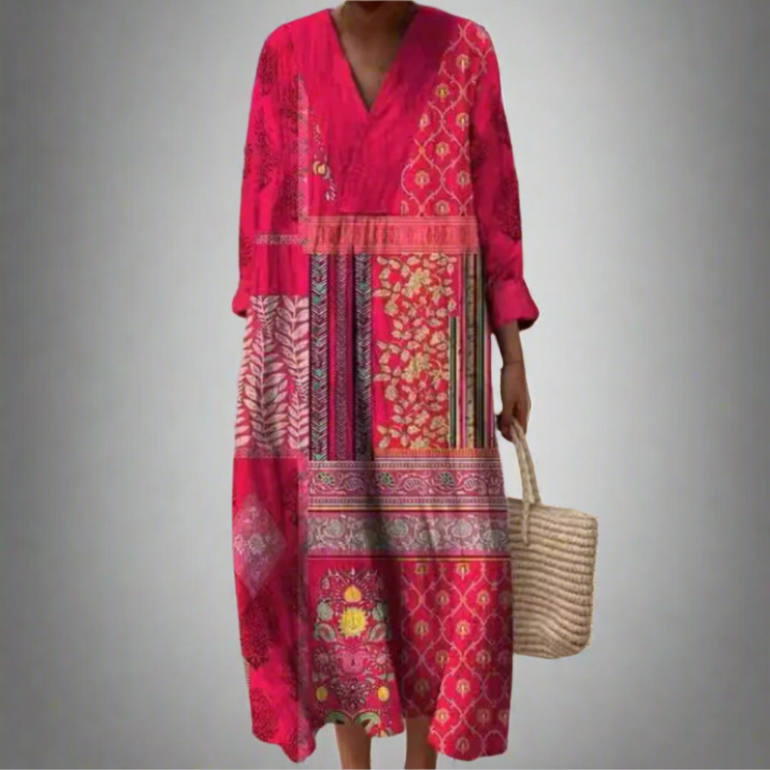 Marisol | Women's Patchwork V-Neck Long Sleeve Maxi Dress - Image 1