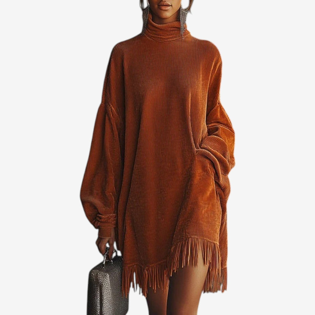 Marlowe | Women's Knit Sweater Dress with Fringe - Brown - Image 1