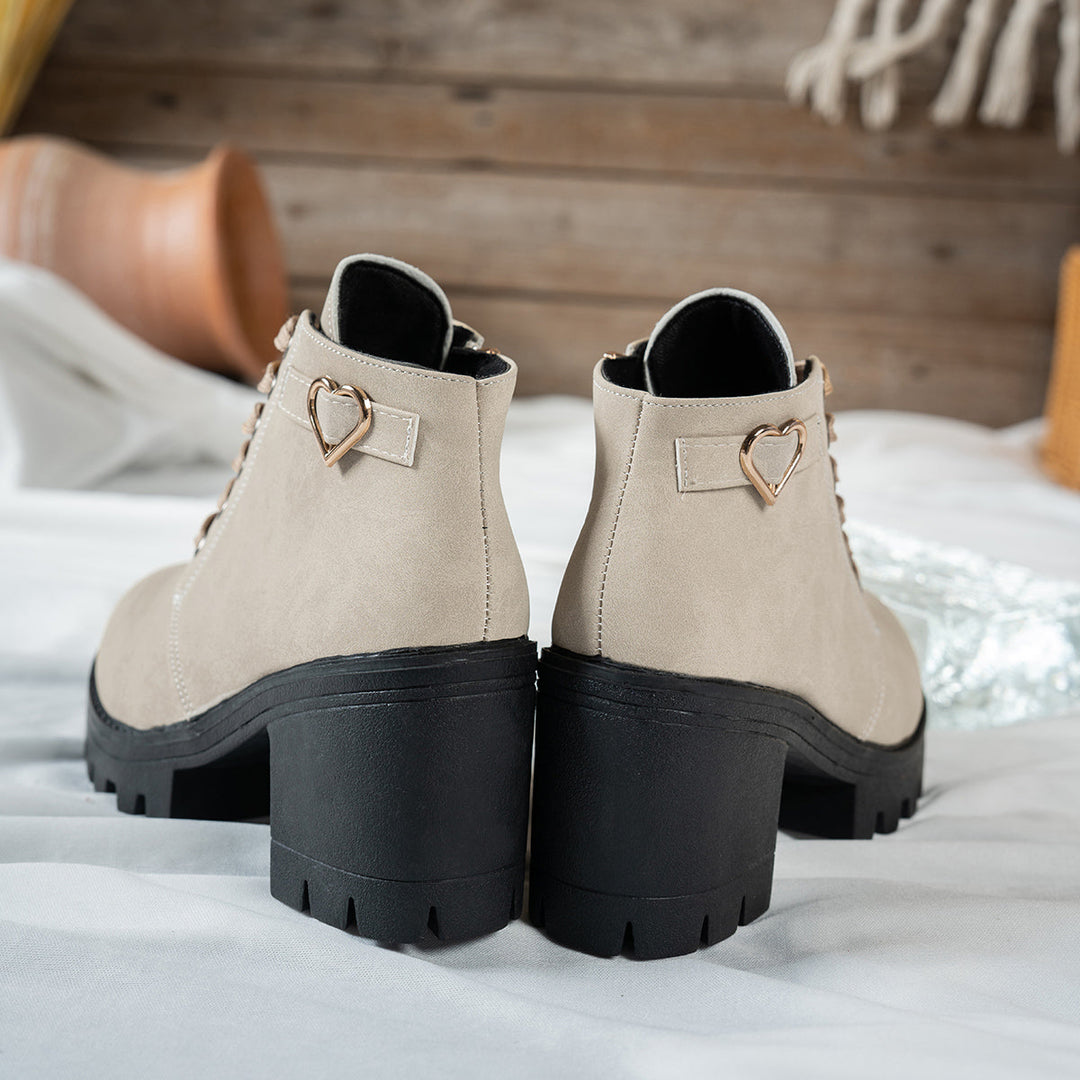 Marlowe | Women's Lace-Up Ankle Boot with Block Heel - Beige - Image 1