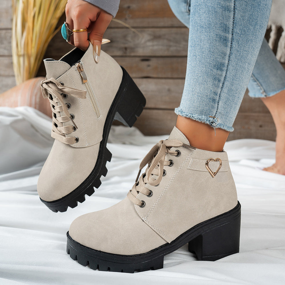 Marlowe | Women's Lace-Up Ankle Boot with Block Heel - Beige - Image 2