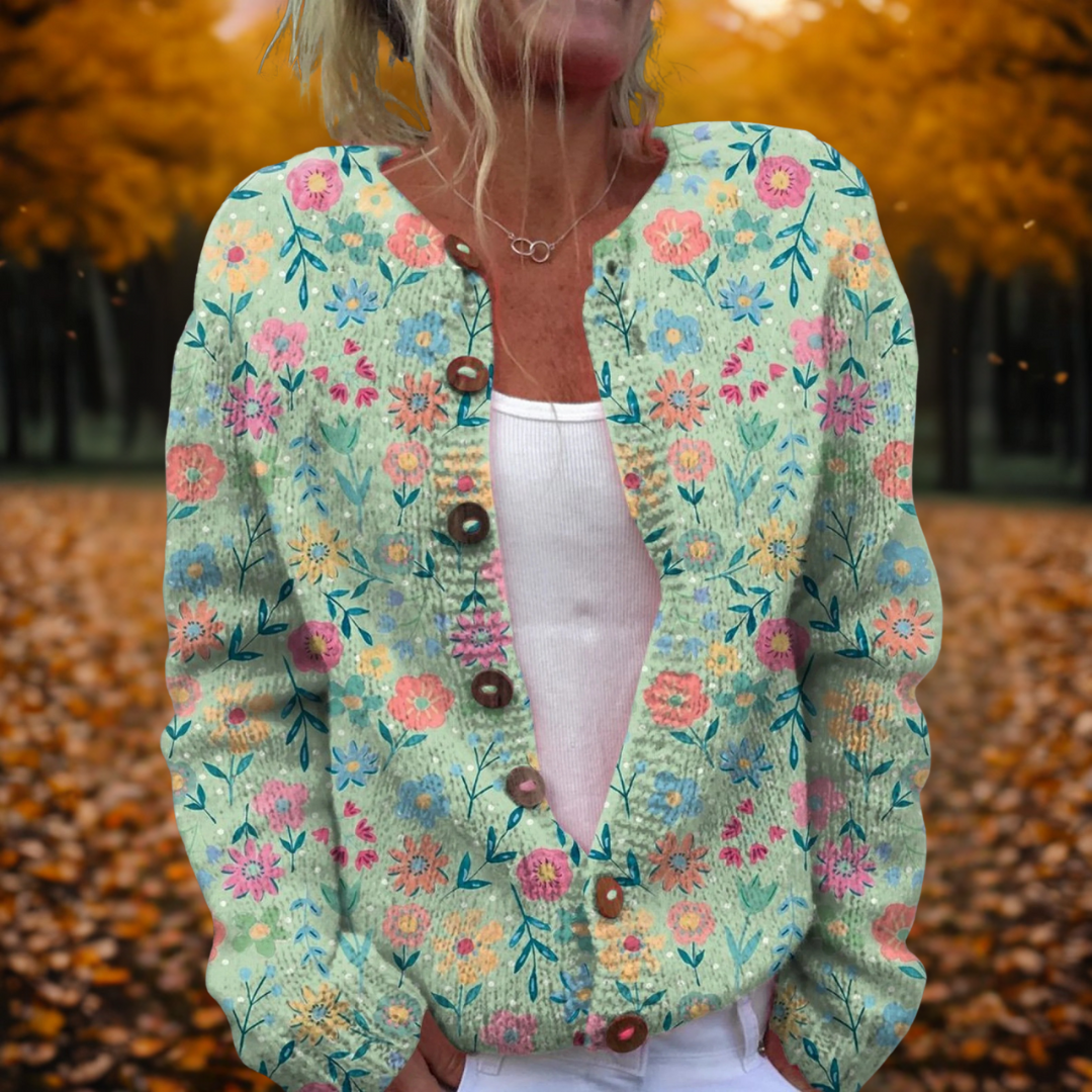 Meravel | Women's Floral Cardigan Open Front Knit - Light Green - Image 1