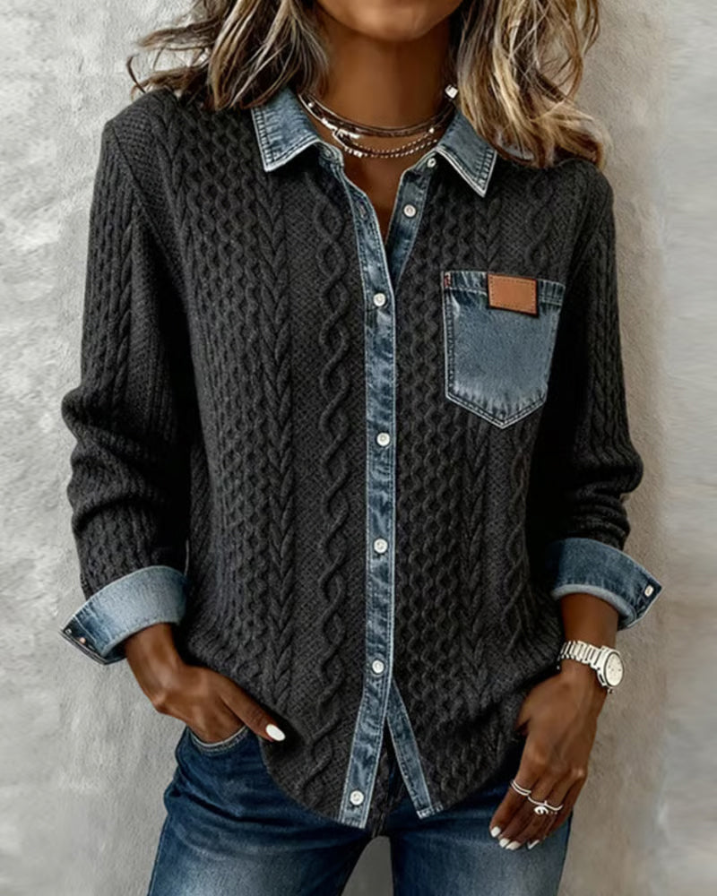 Minerva | Women's Cable Knit Collared Long Sleeve Shirt - Image 1