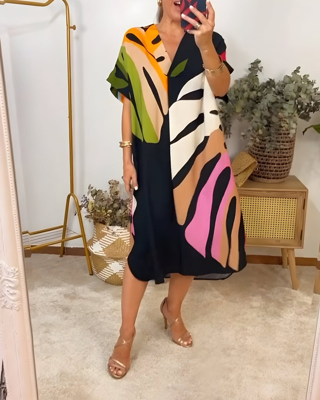 Mirabel | Women's Abstract Print V Neck Midi Dress - Image 1