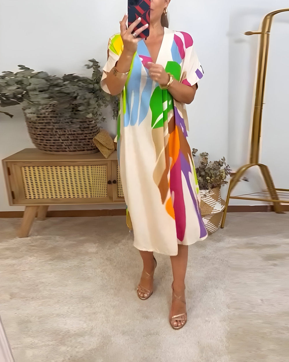 Mirabel | Women's Abstract Print V Neck Midi Dress - Image 2