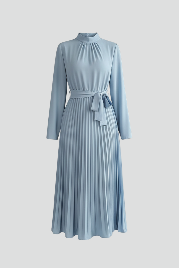 Mirabel | Women's Mock Neck Long Sleeve Pleated Midi Dress - Light Blue - Image 1