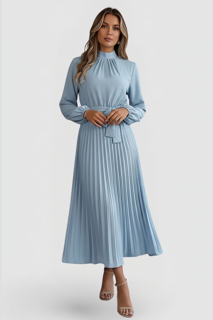 Mirabel | Women's Mock Neck Long Sleeve Pleated Midi Dress - Light Blue - Image 2