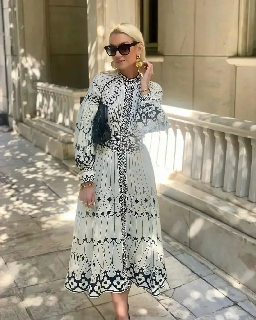 Mirabelle | Women's Printed Long Sleeve Midi Dress - White - Image 1