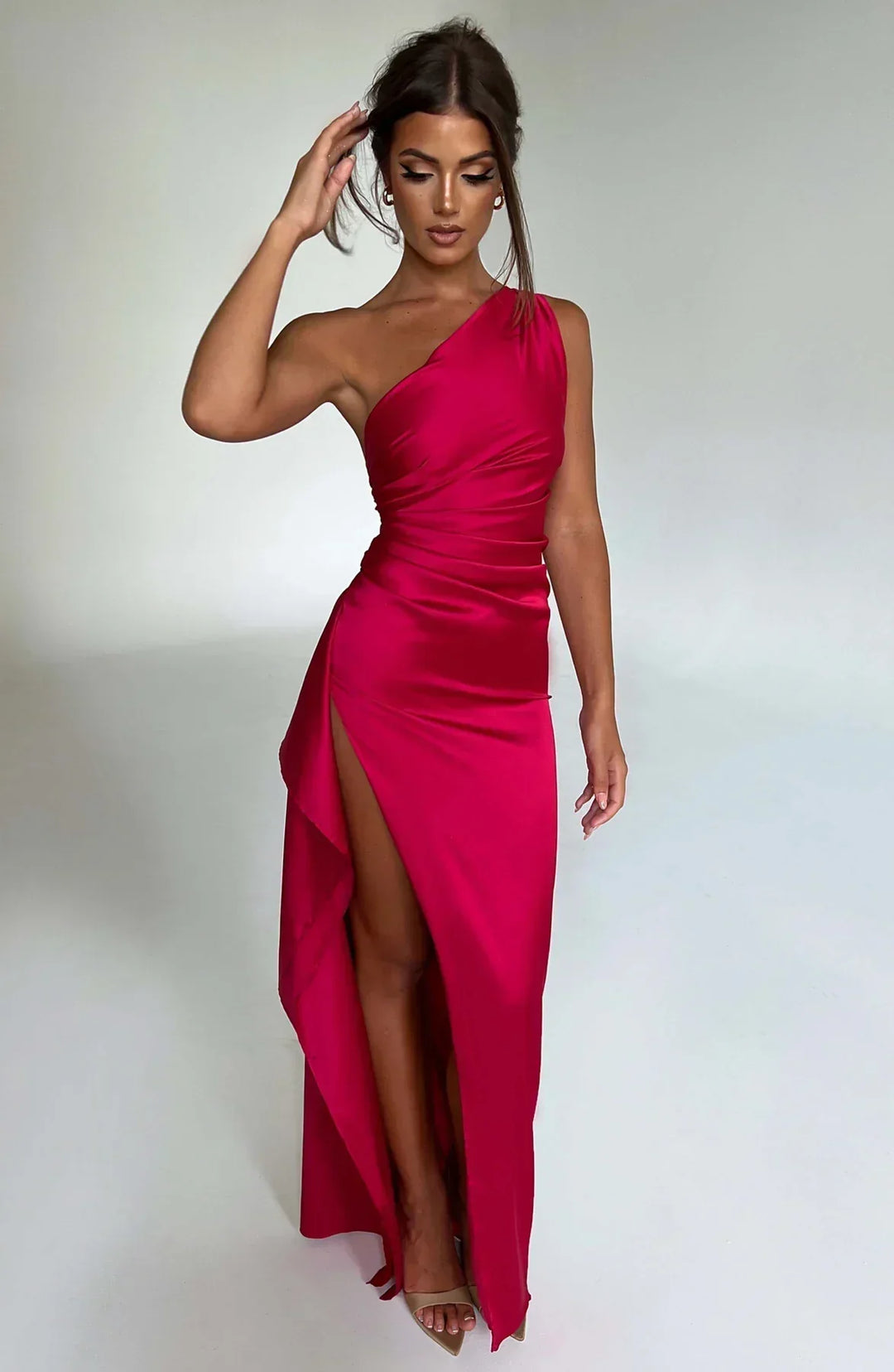 Mireille | Women's One Shoulder Maxi Evening Dress - Red - Image 1