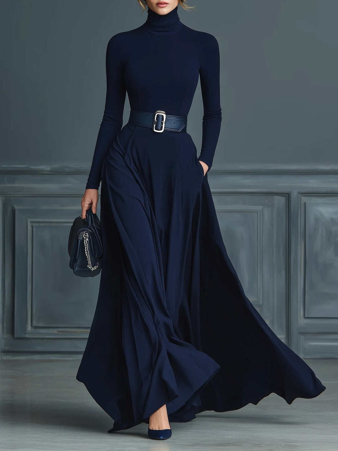 Nadia | Women's Knit Turtleneck Belted Maxi Dress - Navy - Image 1