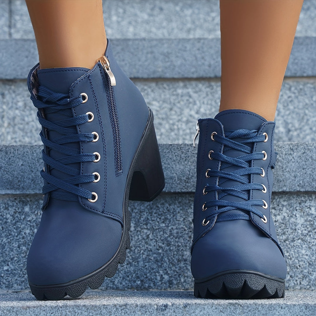 Nadia | Women's Lace-Up Block Heel Ankle Boots - Navy - Image 1