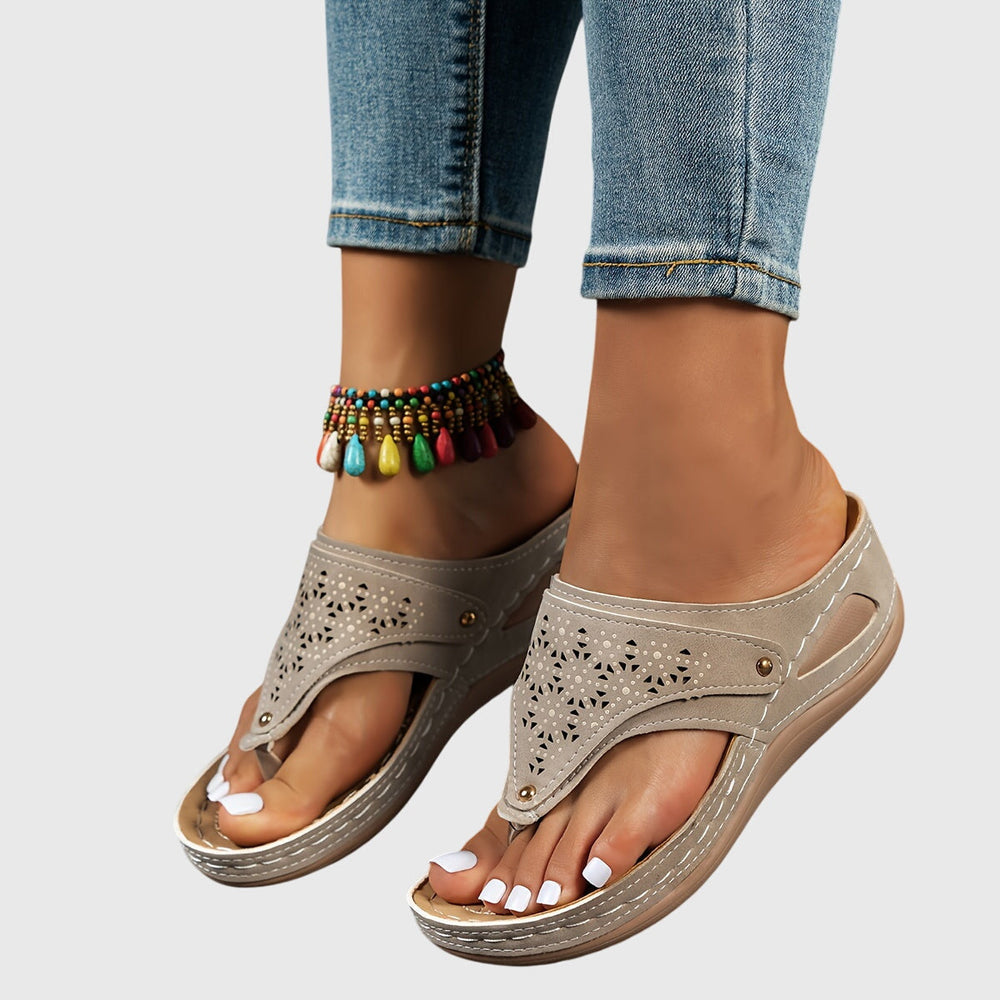 Nadia | Women's Perforated Toe Post Sandals - Brown - Image 2