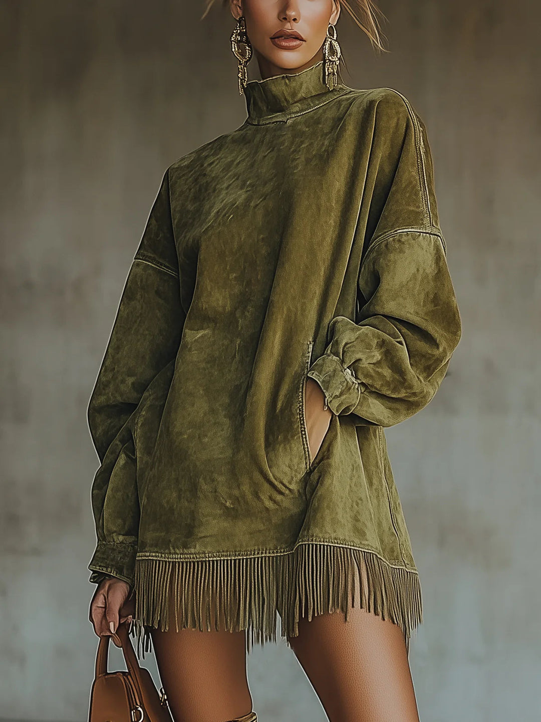 Nadine | Women's Knit Sweater Dress with Fringe Hem - Olive Green - Image 1