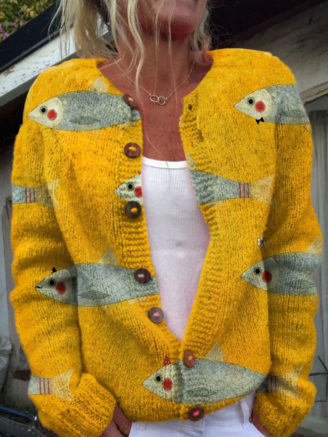 Narwen | Women's Fish Print Button-Front Cardigan - Yellow - Image 1