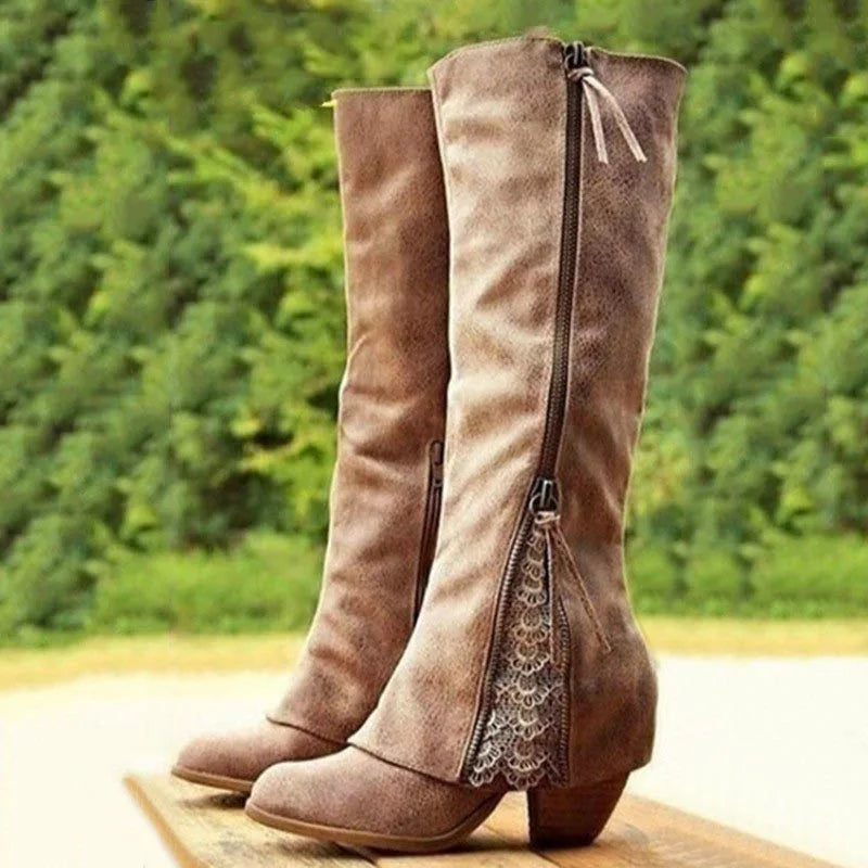 Nevara | Women's Knee-High Boots with Block Heel - Taupe - Image 1
