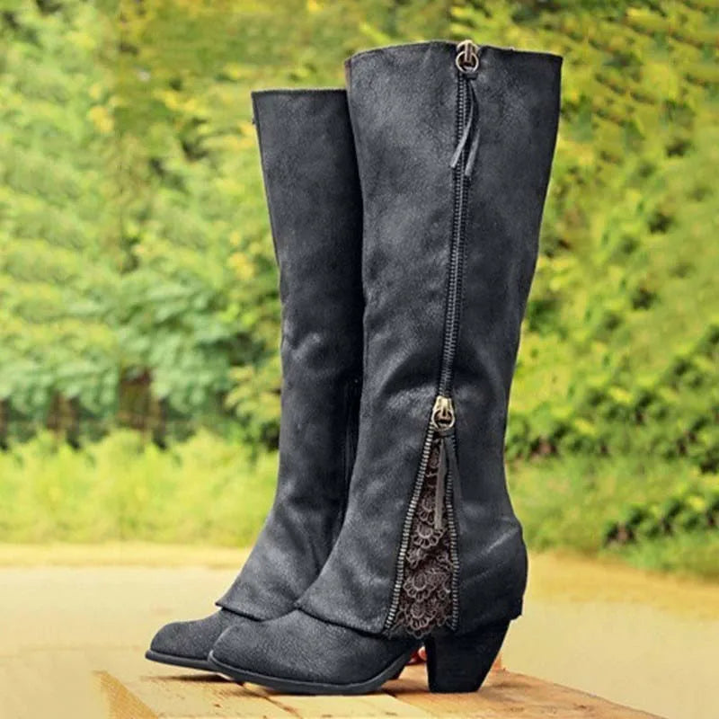 Nevara | Women's Knee-High Boots with Block Heel - Taupe - Image 2