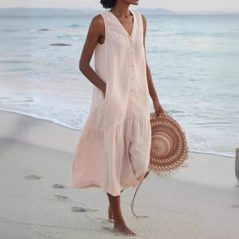Neve | Women's V-Neck Sleeveless Button Front Midi Dress - Light Pink - Image 1