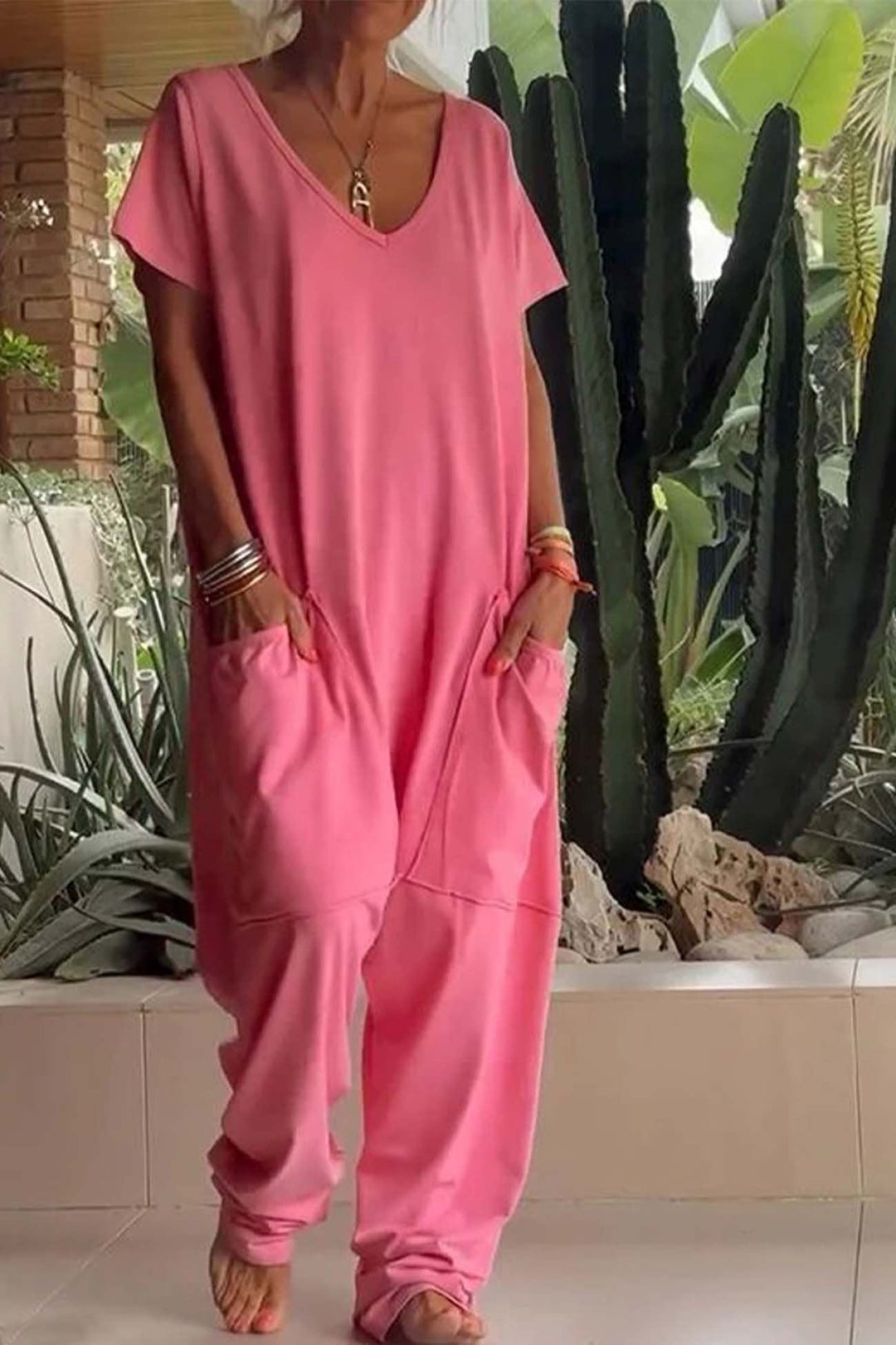 Niamh | Women's V-Neck Wide Leg Jumpsuit - Pink - Image 1