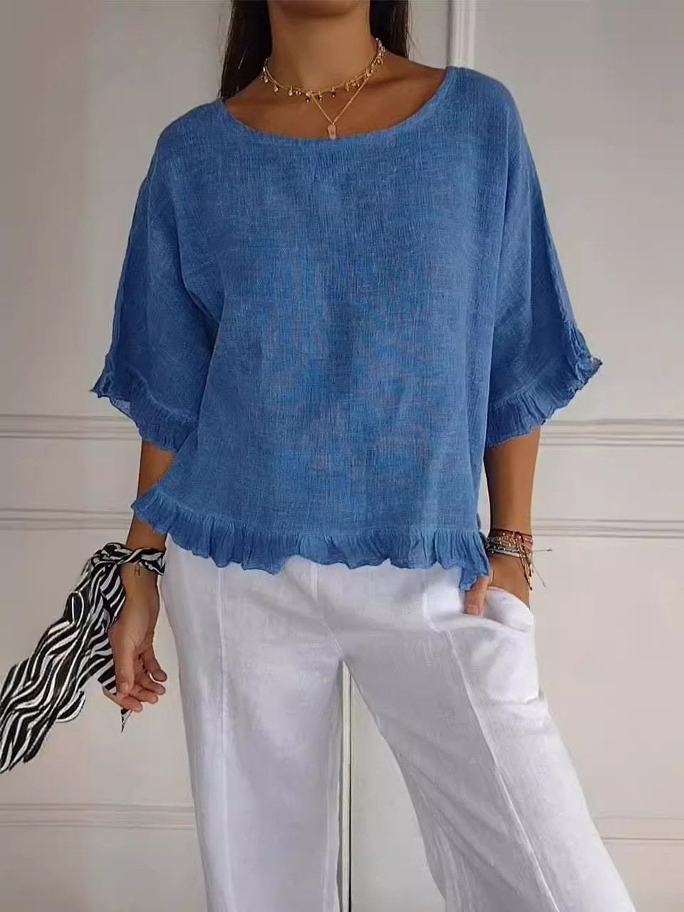 Nova | Women's Fringe Hem Round Neck Blouse - Image 2