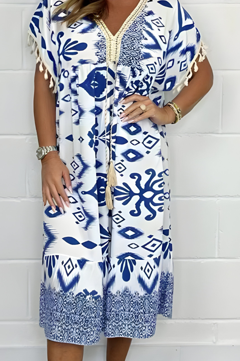Octaviana | Women's V Neck Printed Tassel Trim Kaftan - Image 1