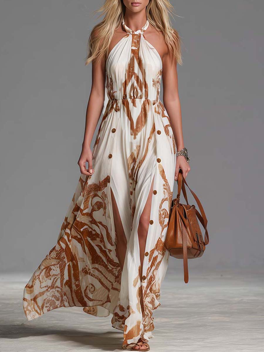 Ondine | Women's Halter Neck Printed Split Maxi Dress - Cream - Image 1