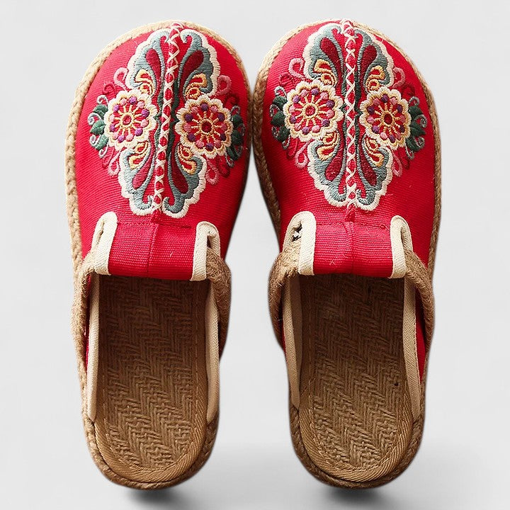 Ophelia | Women's Embroidered Floral Flat Mules - Red - Image 1
