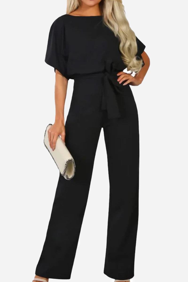 Ophelia | Women's Wide Leg Belted Jumpsuit Short Sleeve - Black - Image 1