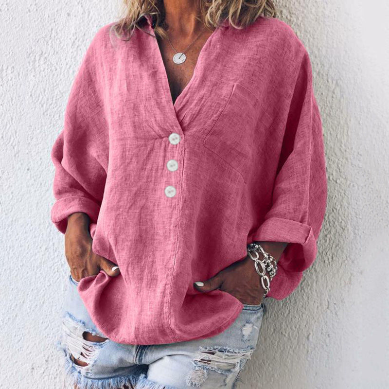 Ophira | Women's Oversized Button Up V-Neck Long Sleeve Top - Image 1
