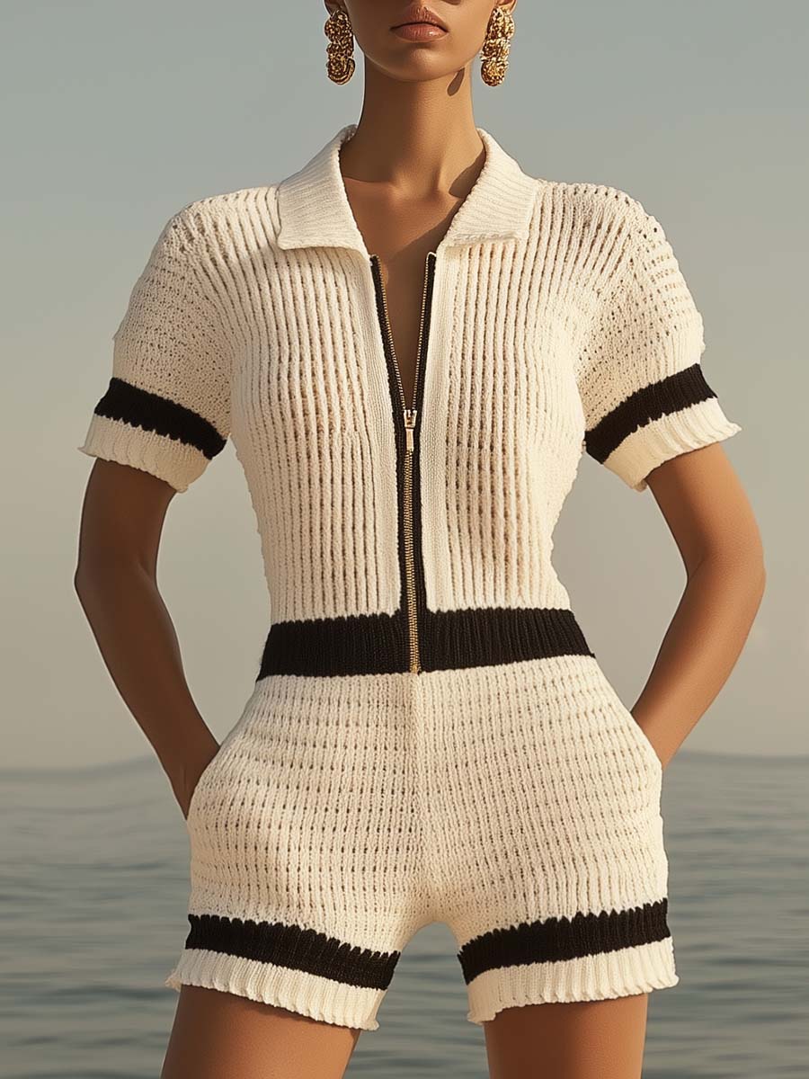 Oriane | Women's Striped Knit Short Sleeve Romper - Cream - Image 1