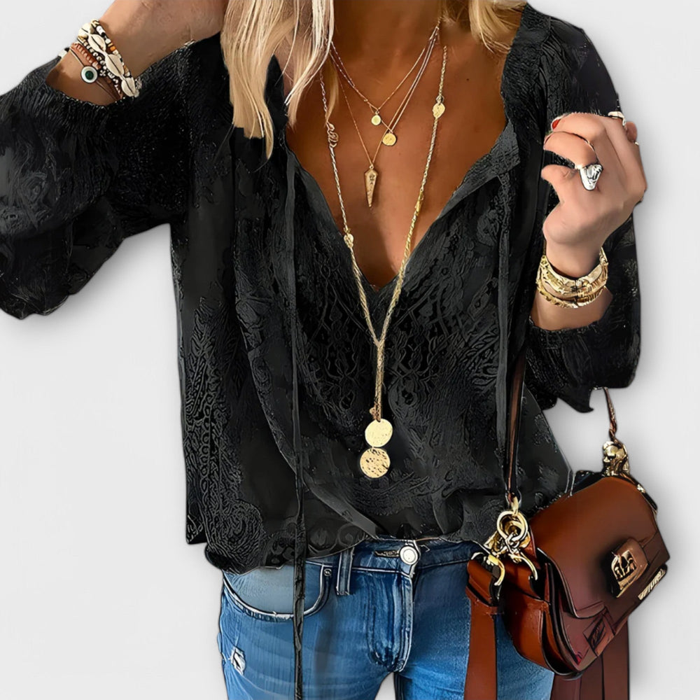 Orla | Women's V-Neck Lace Long Sleeve Blouse - White - Image 2