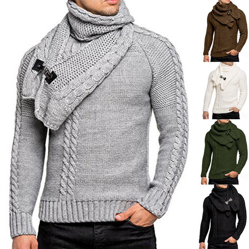 Orrwick | Men's Cable Knit Sweater with Scarf - Grey - Image 1