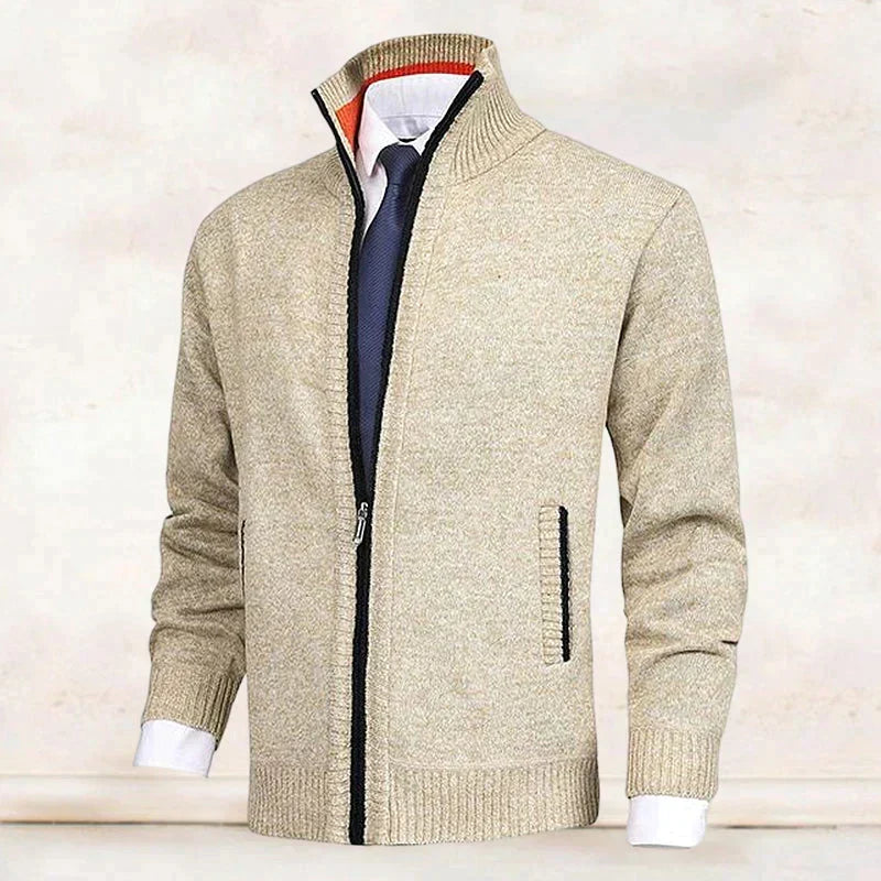 Orvaine | Men's Zip-Up Stand Collar Cardigan - Beige - Image 1