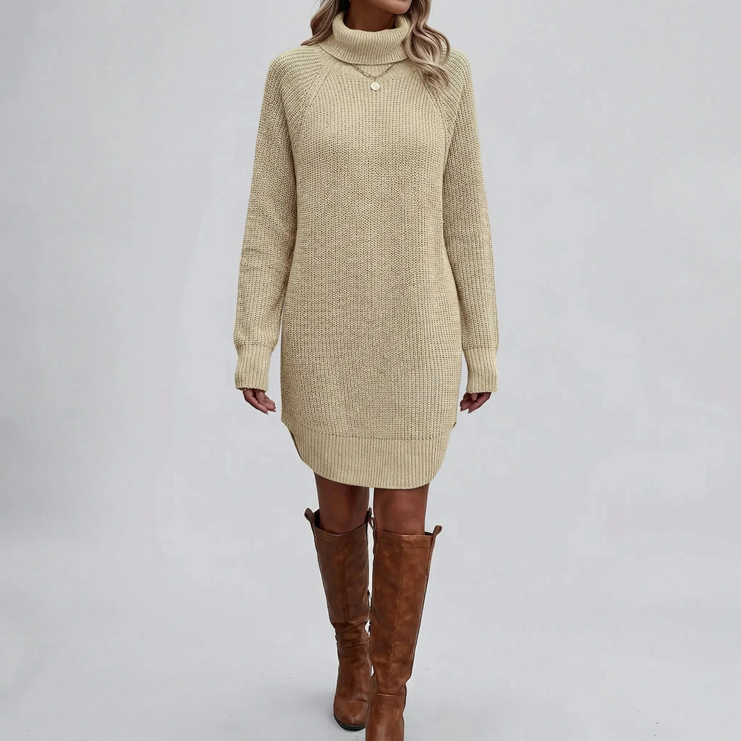 Orvella | Women's Turtleneck Sweater Dress Chunky Knit - Beige - Image 1