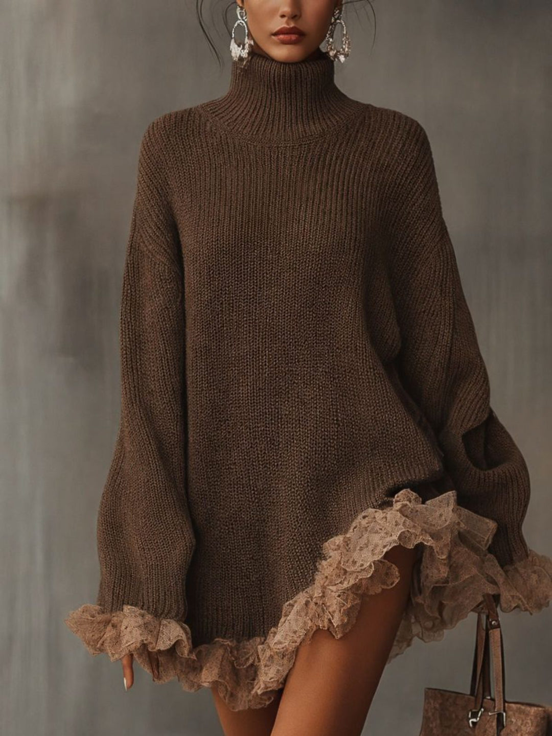 Orvindel | Women's Turtleneck Sweater Dress Lace Hem - Brown - Image 1
