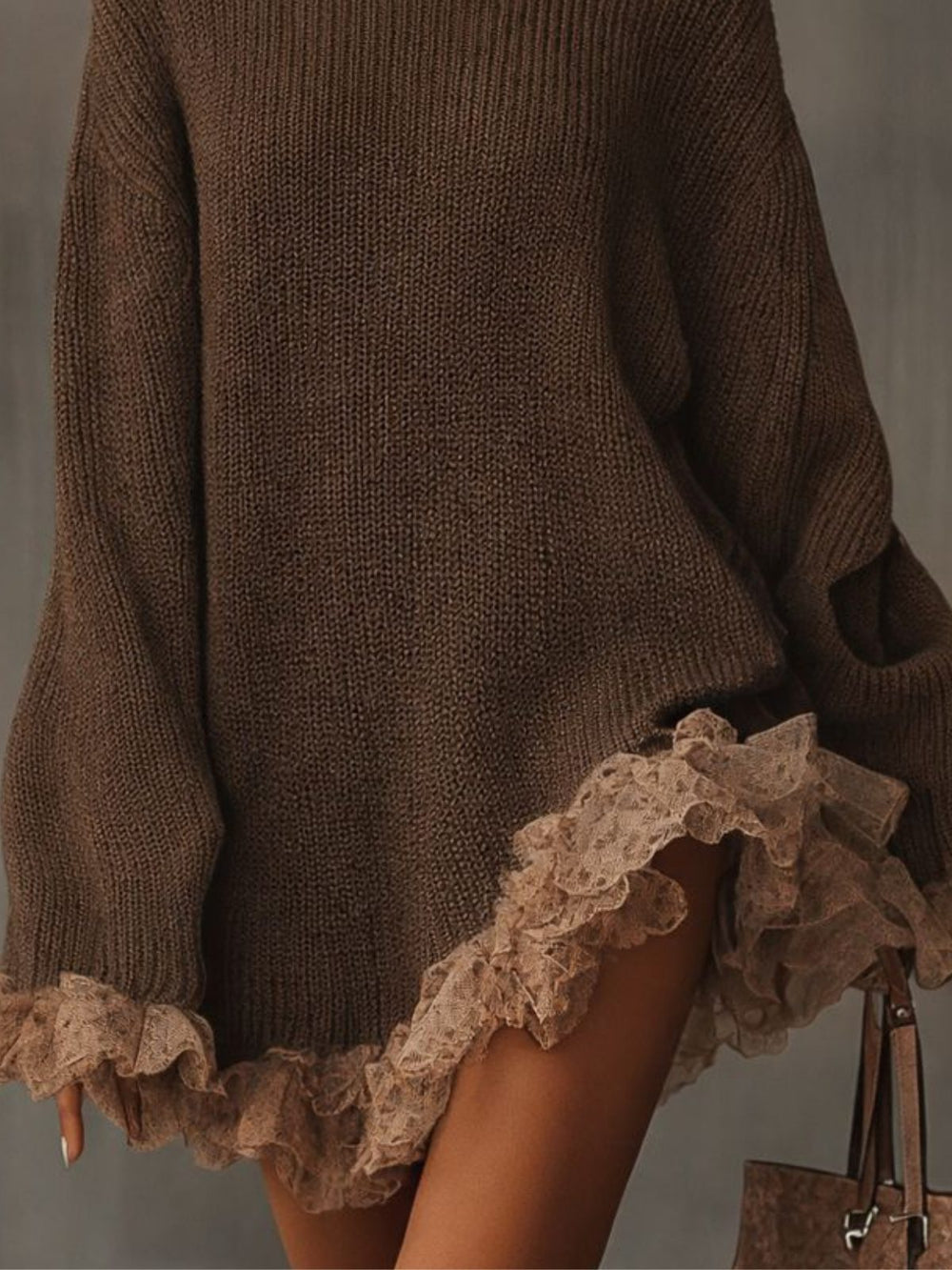 Orvindel | Women's Turtleneck Sweater Dress Lace Hem - Brown - Image 2