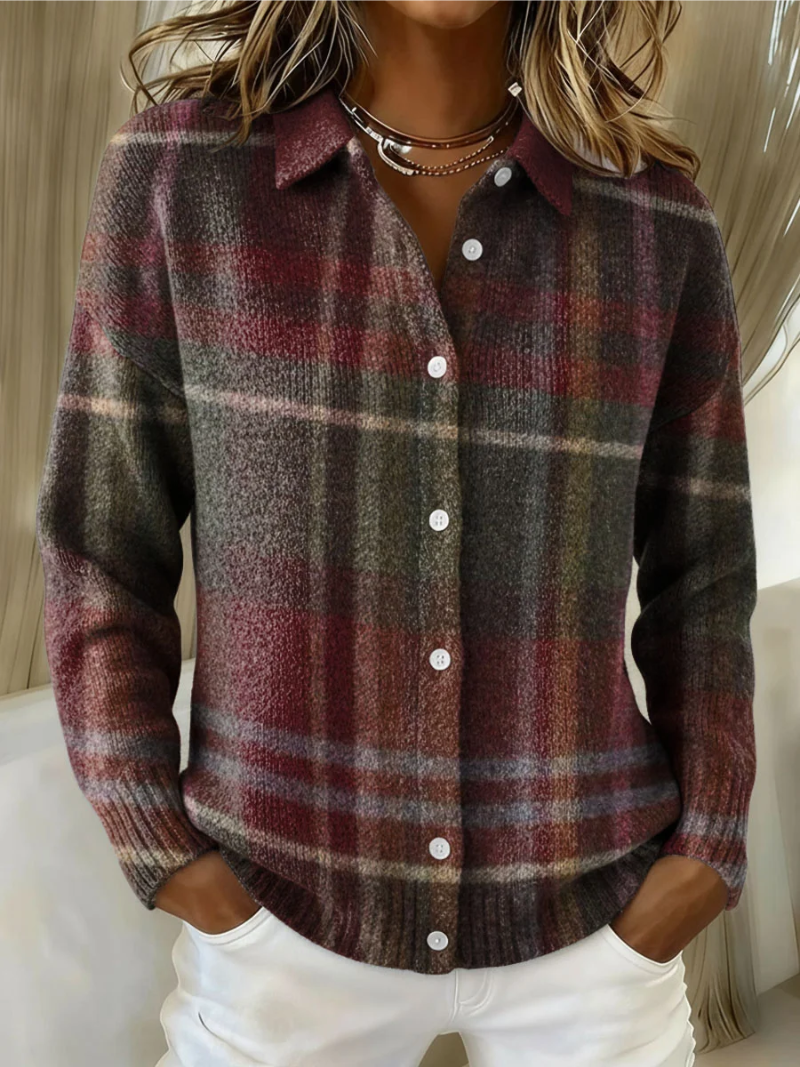 Ottilie | Women's Plaid Long Sleeve Button-Down Shirt - Burgundy - Image 1