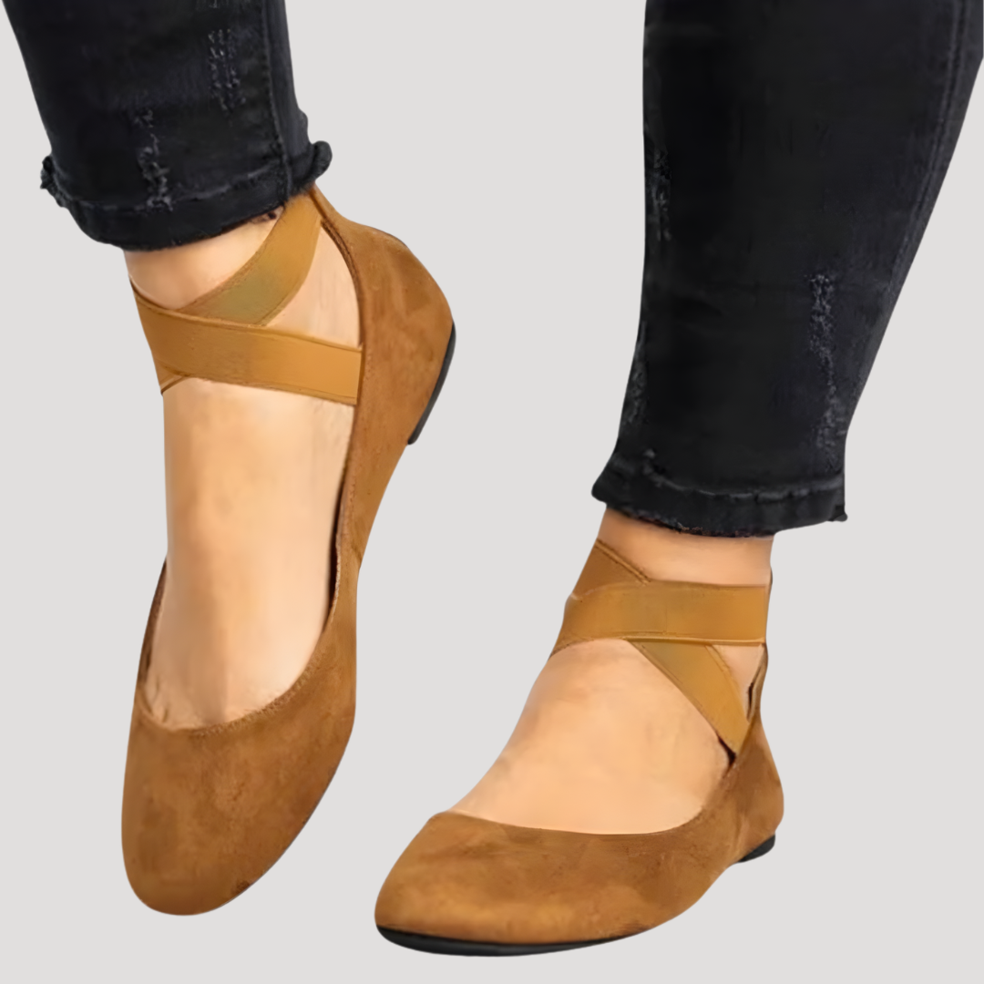 Paloma | Women's Criss-Cross Ankle Strap Ballet Flats - Camel - Image 1