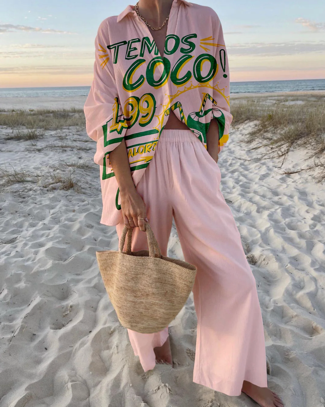 Paloma | Women's Printed Shirt Wide Leg Pants Set - Pink - Image 1