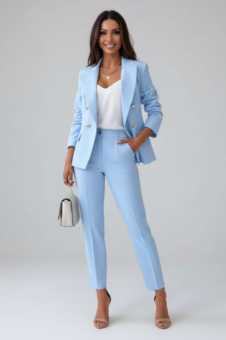 Penelope | Women's Double Breasted Tailored Suit Set - Light Blue - Image 2