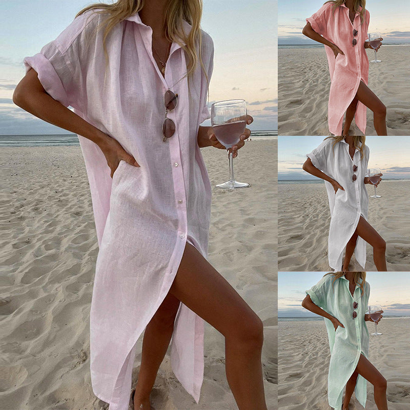 Petra | Women's Collared Button Down Beach Shirt Dress - Image 1