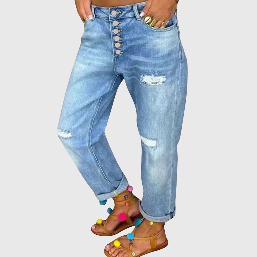 Petra | Women's Distressed Boyfriend Jeans - Light Blue - Image 1