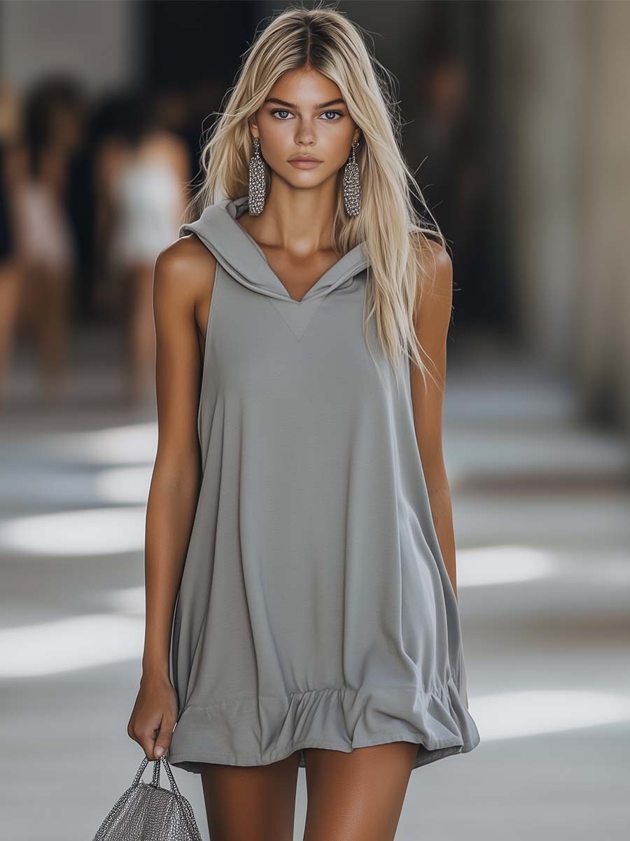 Petra | Women's Sleeveless Hooded Mini Dress - Light Grey - Image 1