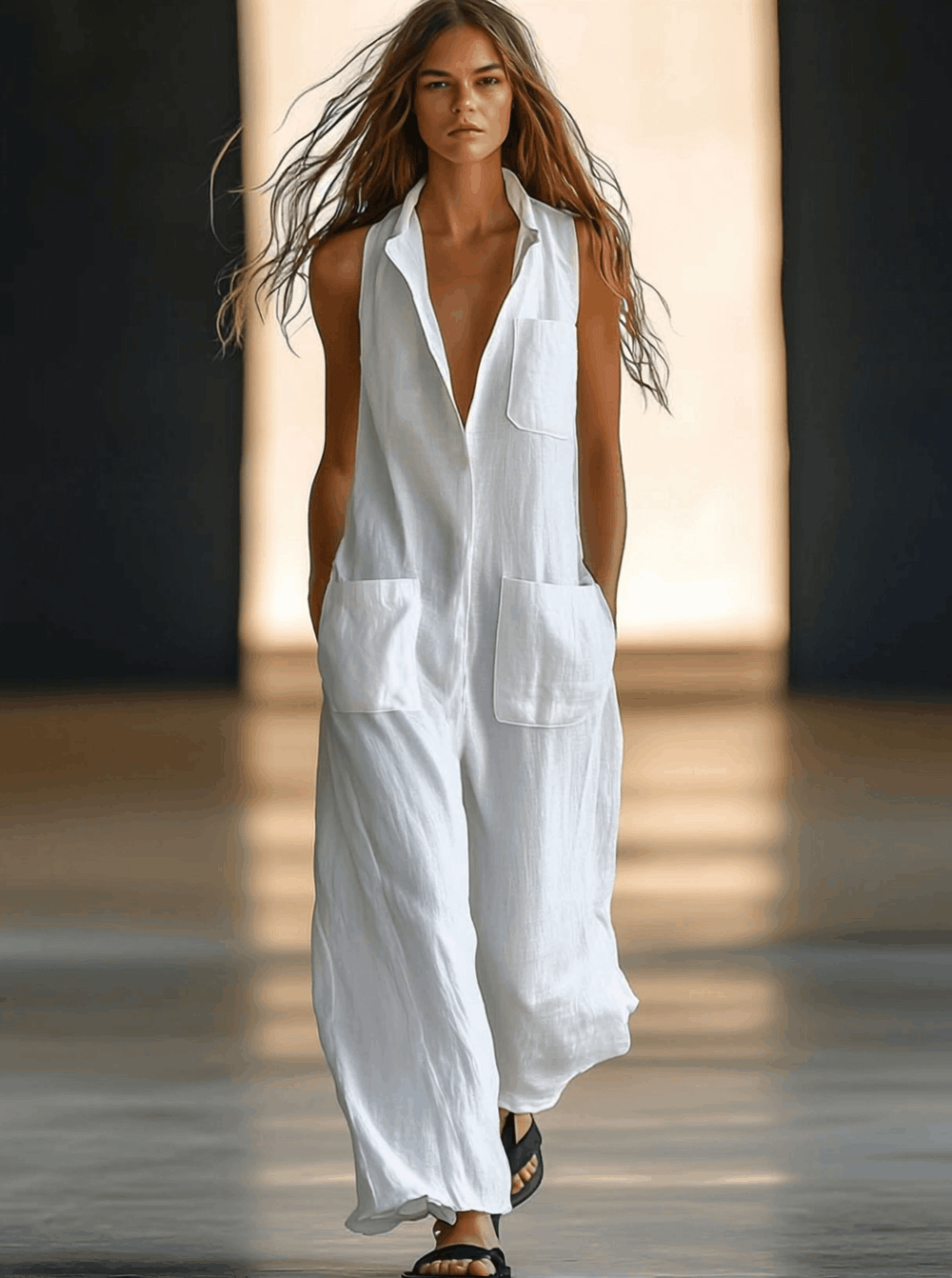 Quinley | Women's Collared Sleeveless Wide Leg Jumpsuit - White - Image 2