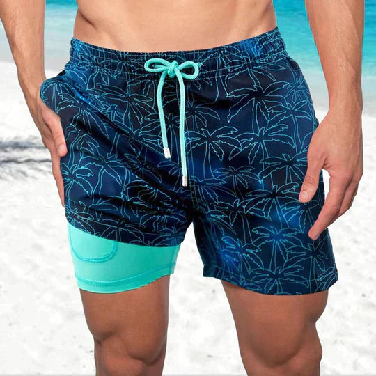 Quinton | Men's Tropical Print Lined Swim Shorts - Navy - Image 1