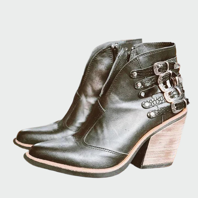 Ravelle | Women's Buckle Ankle Boots with Block Heel - Black - Image 1