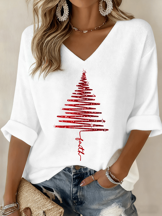 Ravenna | Women's V Neck Christmas Tree Long Sleeve Blouse - Image 1