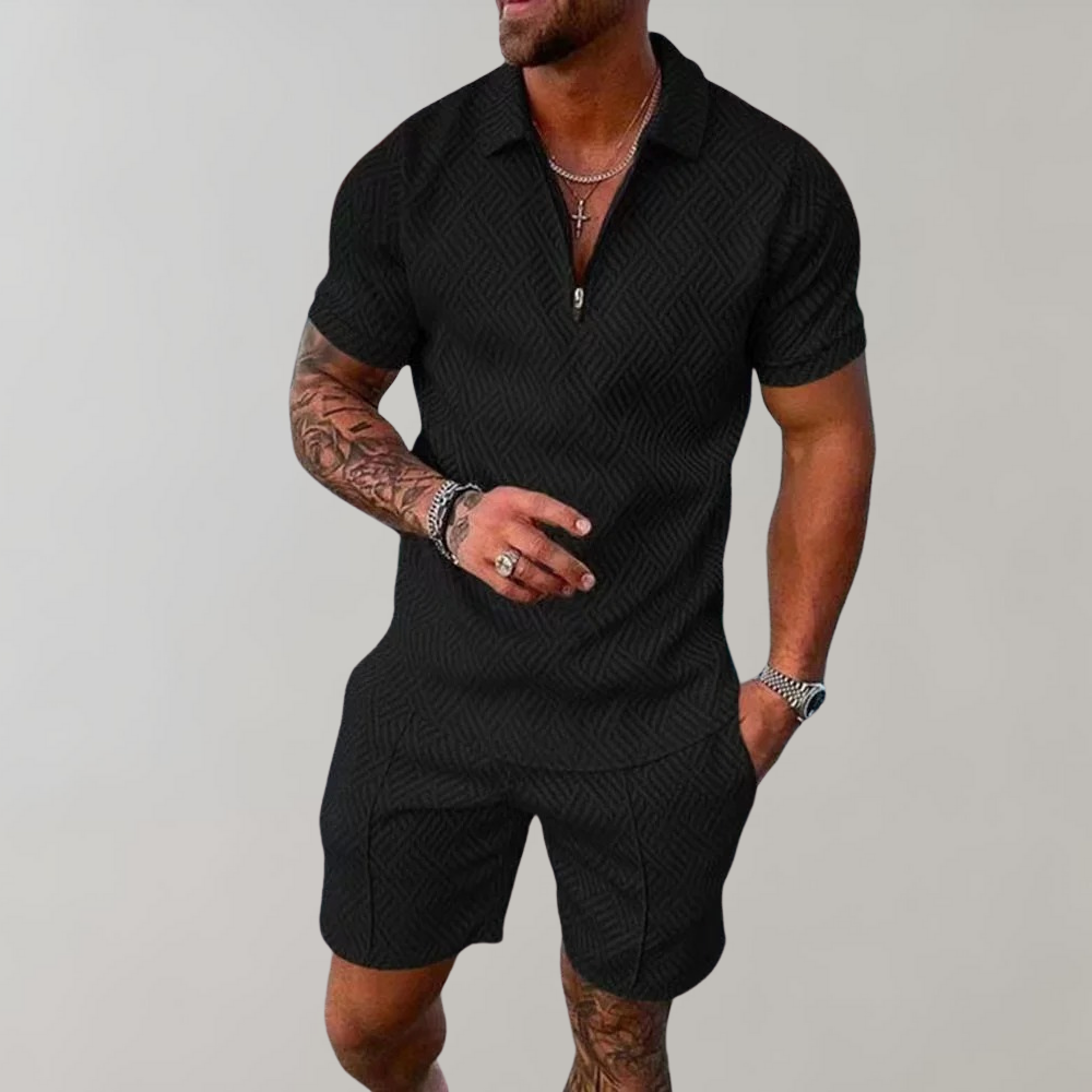 Remy | Men's Textured Polo Shirt & Shorts Set - Black - Image 1